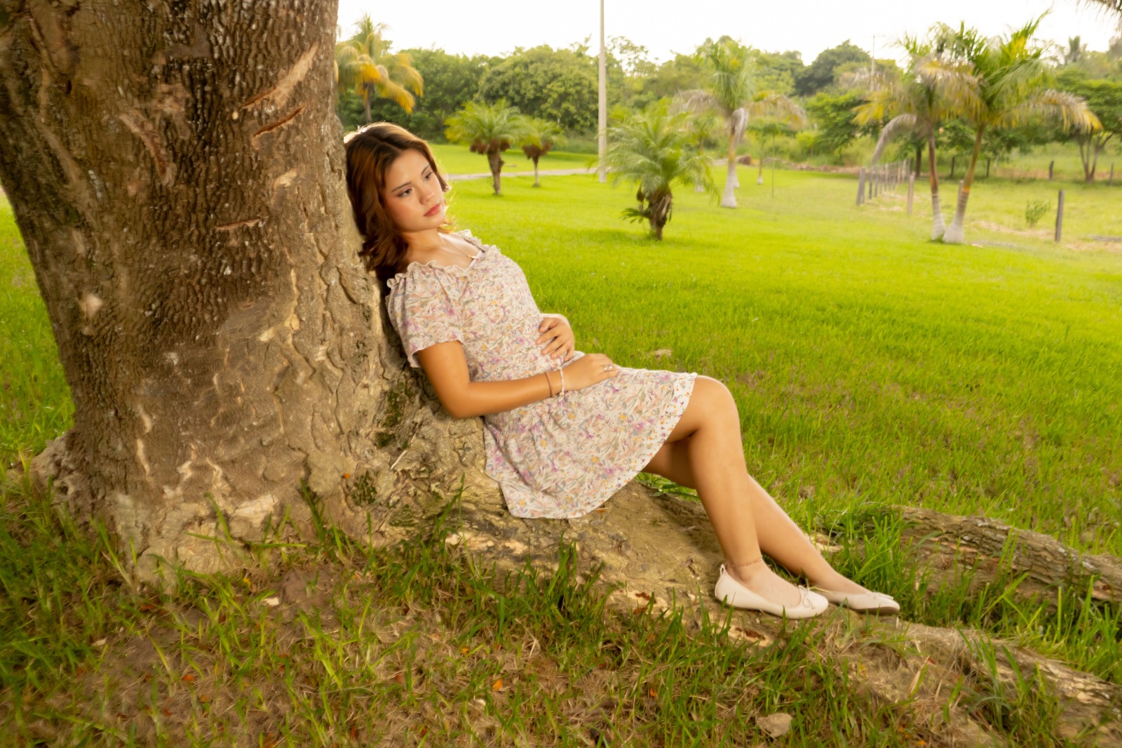 Antonella recargada en un árbol